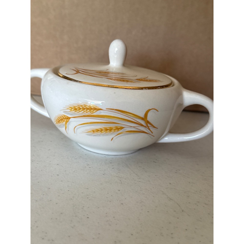 Vintage Golden Wheat Ceramic Sugar Bowl with Lid Double Handle Cream Gold Trim